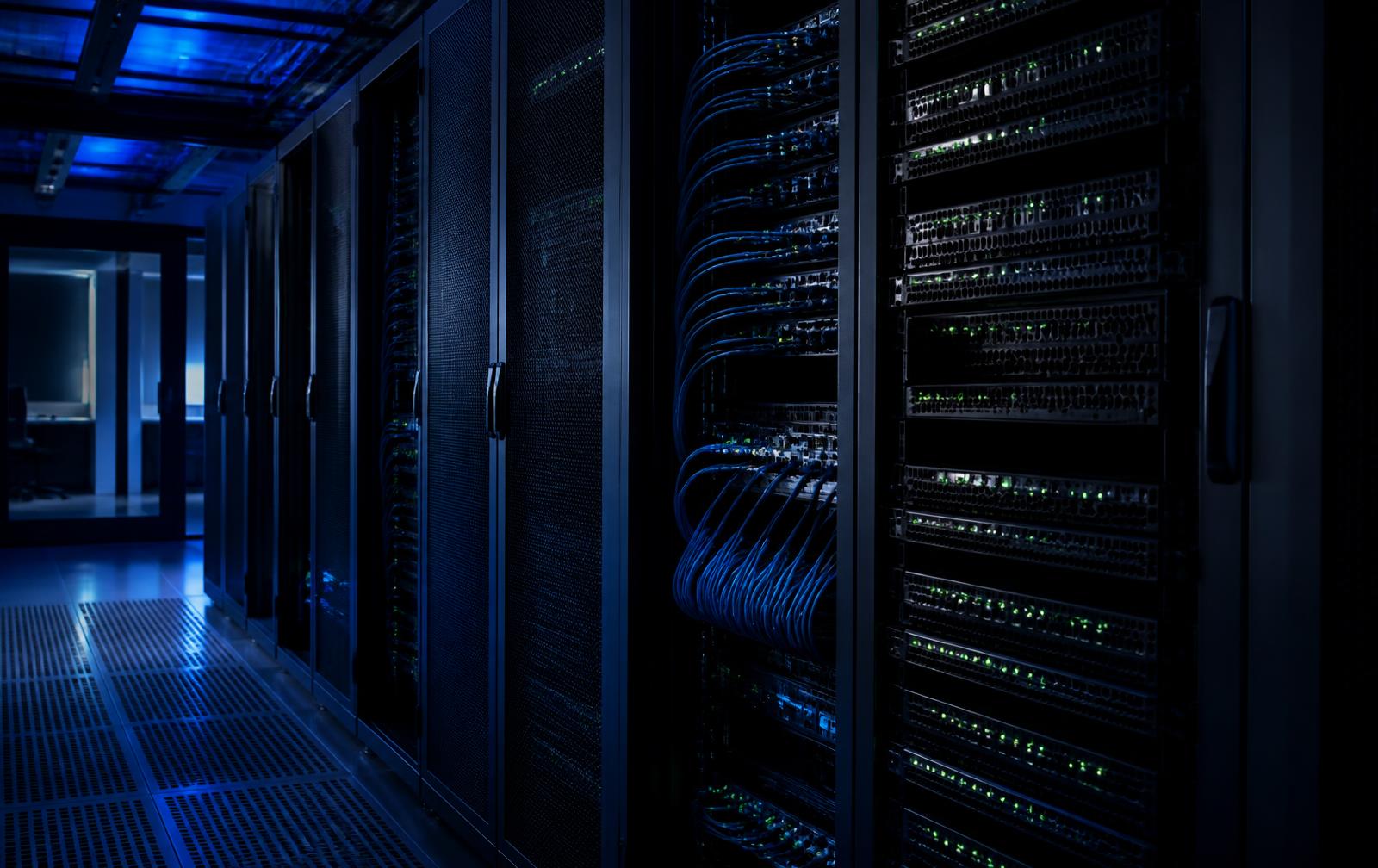 Data center corporativo com racks de servidores e cabeamento estruturado